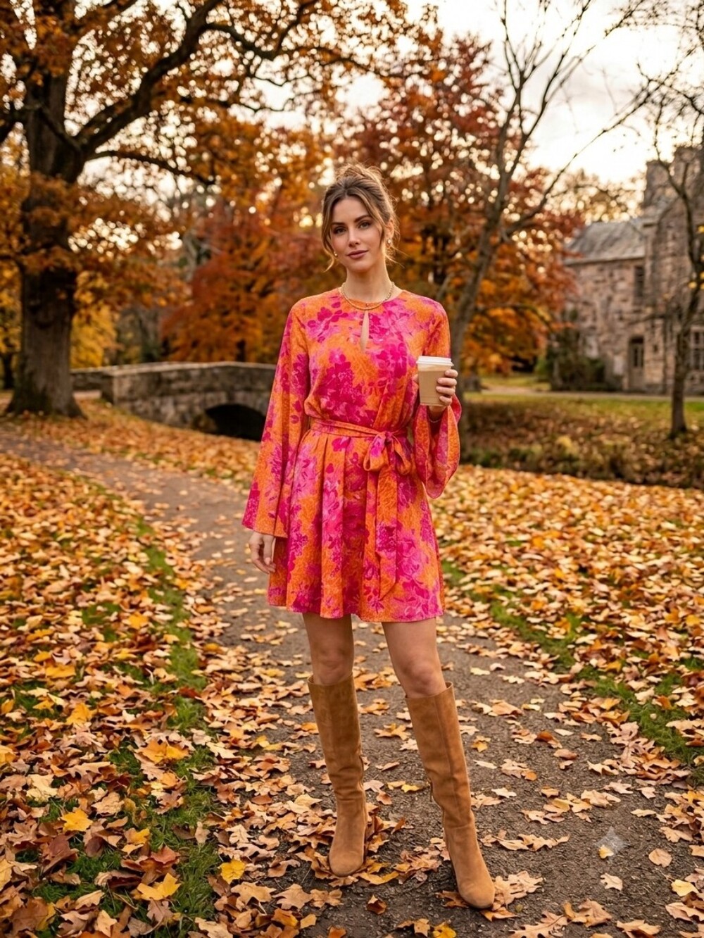 Ted Baker Bright Pink & Orange Floral Tie-Waist Dress With Pockets  Size 3